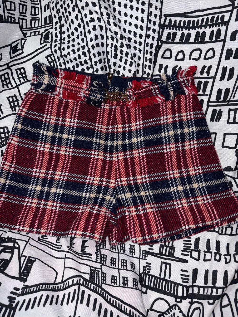 Kids Plaid Frayed-Waist Shorts - Red & Navy